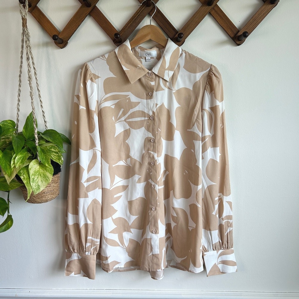 Ovi Tan White Floral Leaf Print Button Down Blouse Long Sleeve Pleated B9786 L